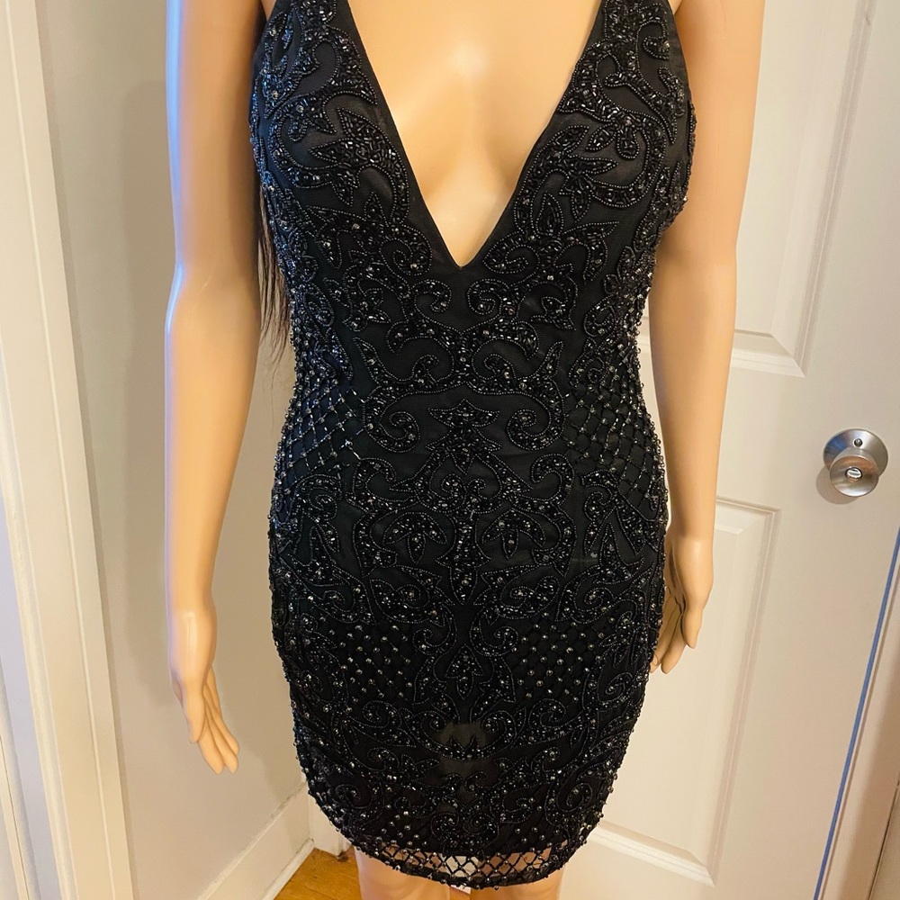 Primavera Black Beaded Couture Criss Cross Strap Dress #partydress #blackdress